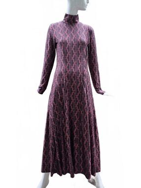 Reserved Geometric Mock Neck Maxi Dress Long Sleeve Retro Burgundy Plum M